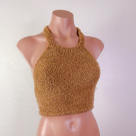 SKIMS Cozy Knit Teddy Tie Open Back Halter Bra Crop Top Camel Lounge Size L NEW - Picture 3 of 12